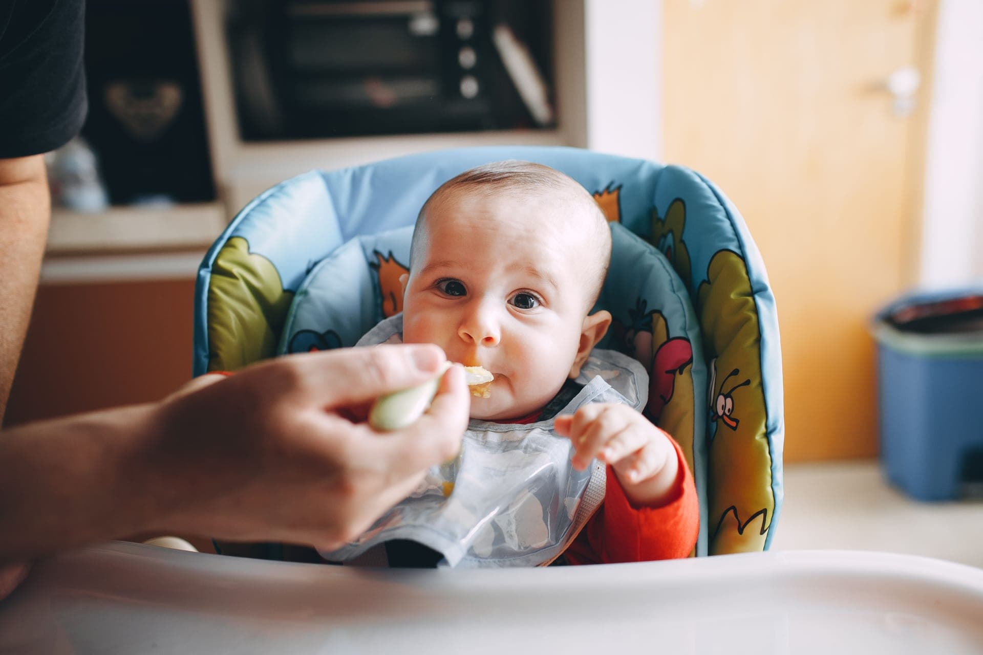 A baby in a bib being fed in a feeding chair, looking at the camera (illustrative photo)